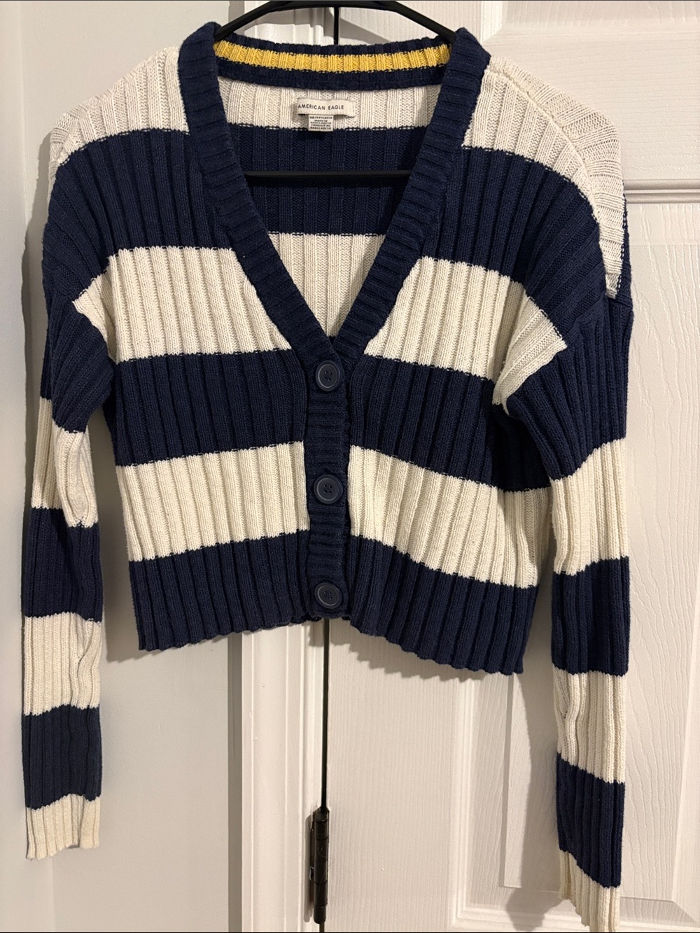 American Eagle Outfitters Navy & White Striped Cropped Ribbed Cardigan